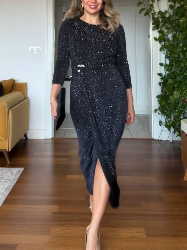 Shiny Pleated Slim-fit Midi Dress