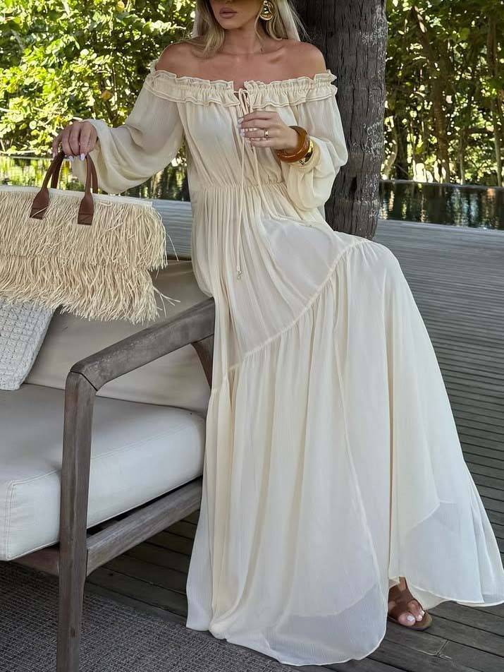 Vacation Style Off-shoulder Lace-up Long Sleeve Maxi Dress