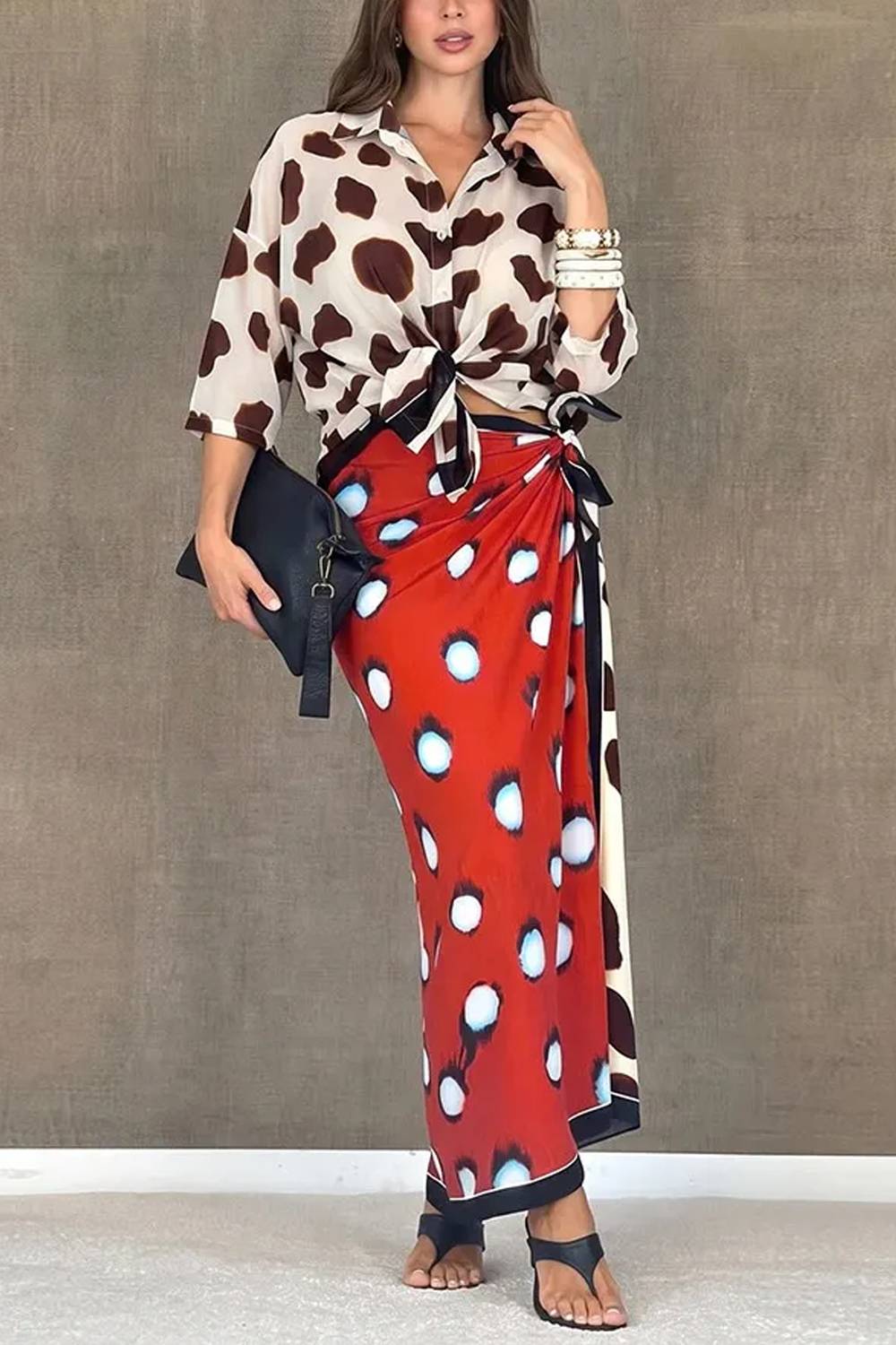 Contrast Print Button‑Down Shirt & Wrap Sarong Midi Skirt Two‑Piece Set