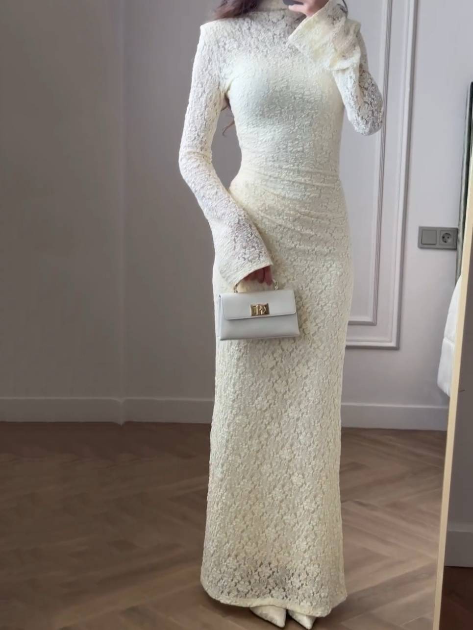 Lace Pleated Long Sleeve Maxi Dress