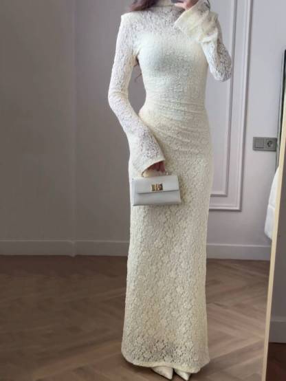 Lace Pleated Long Sleeve Maxi Dress