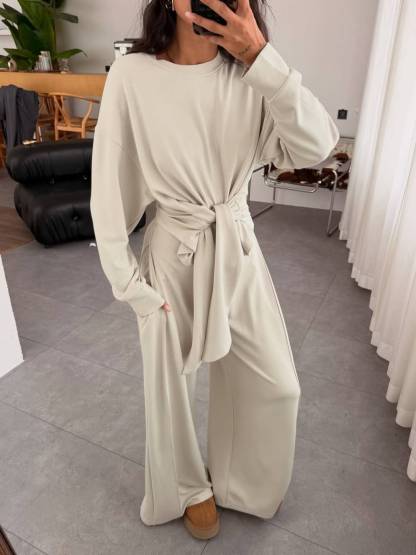Lace-Up Design Pullover And Wide Leg Pants Suit
