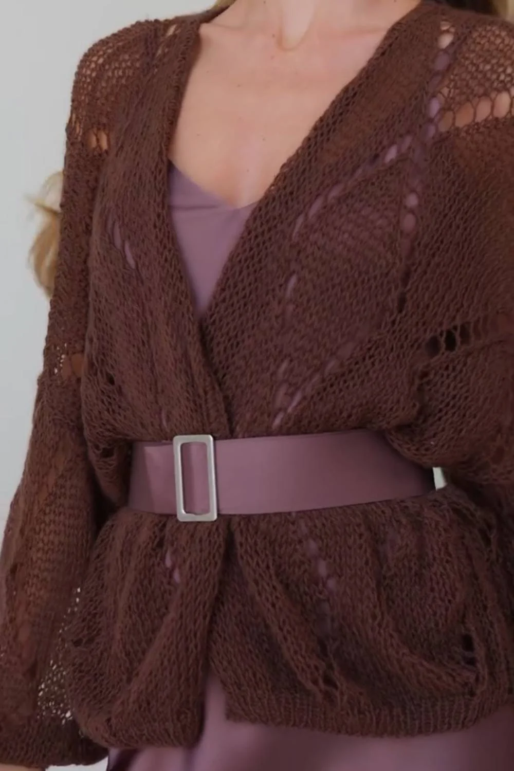 Women Brown Open Knit Balloon Sleeve Cardigan and Satin Midi Skirt Two Piece Set