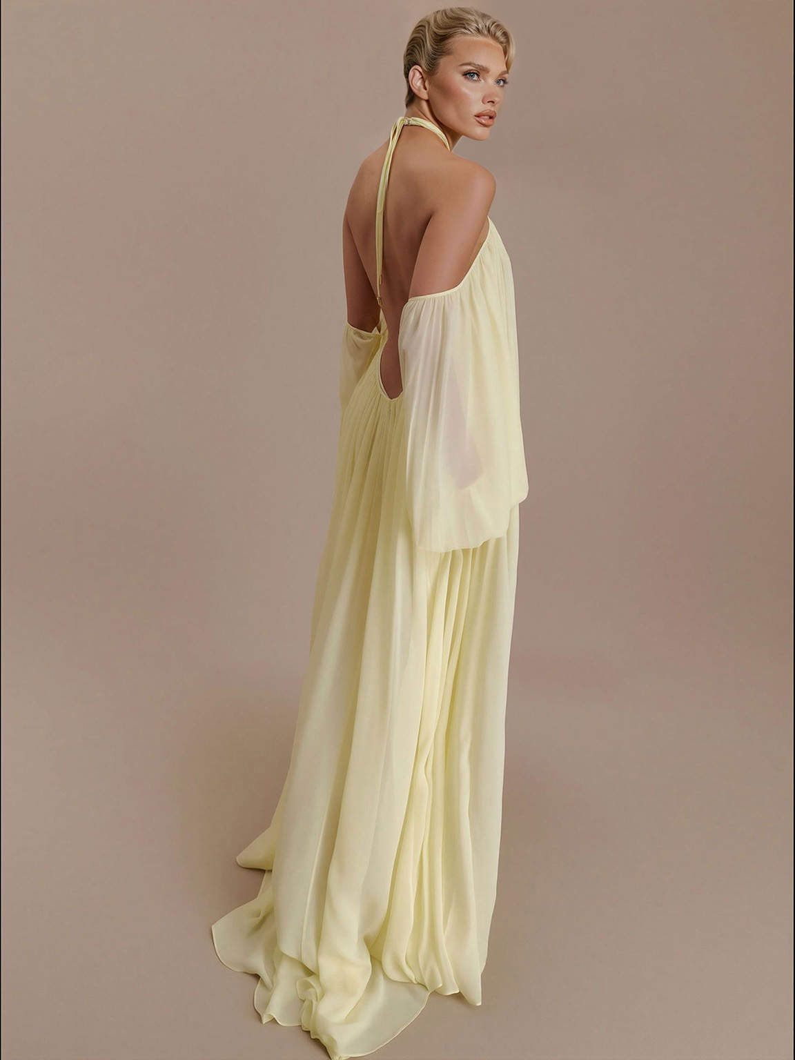 Elegant Halter Neck Draped Chiffon Maxi Dress
