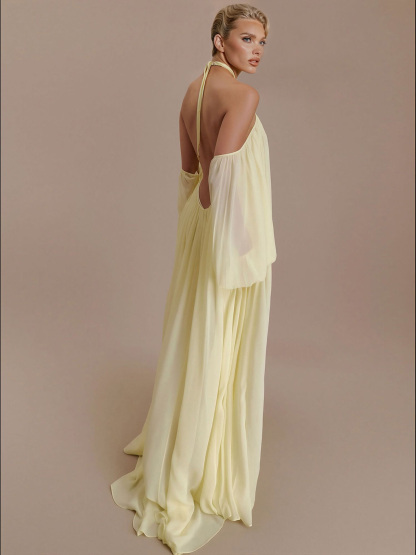 Elegant Halter Neck Draped Chiffon Maxi Dress