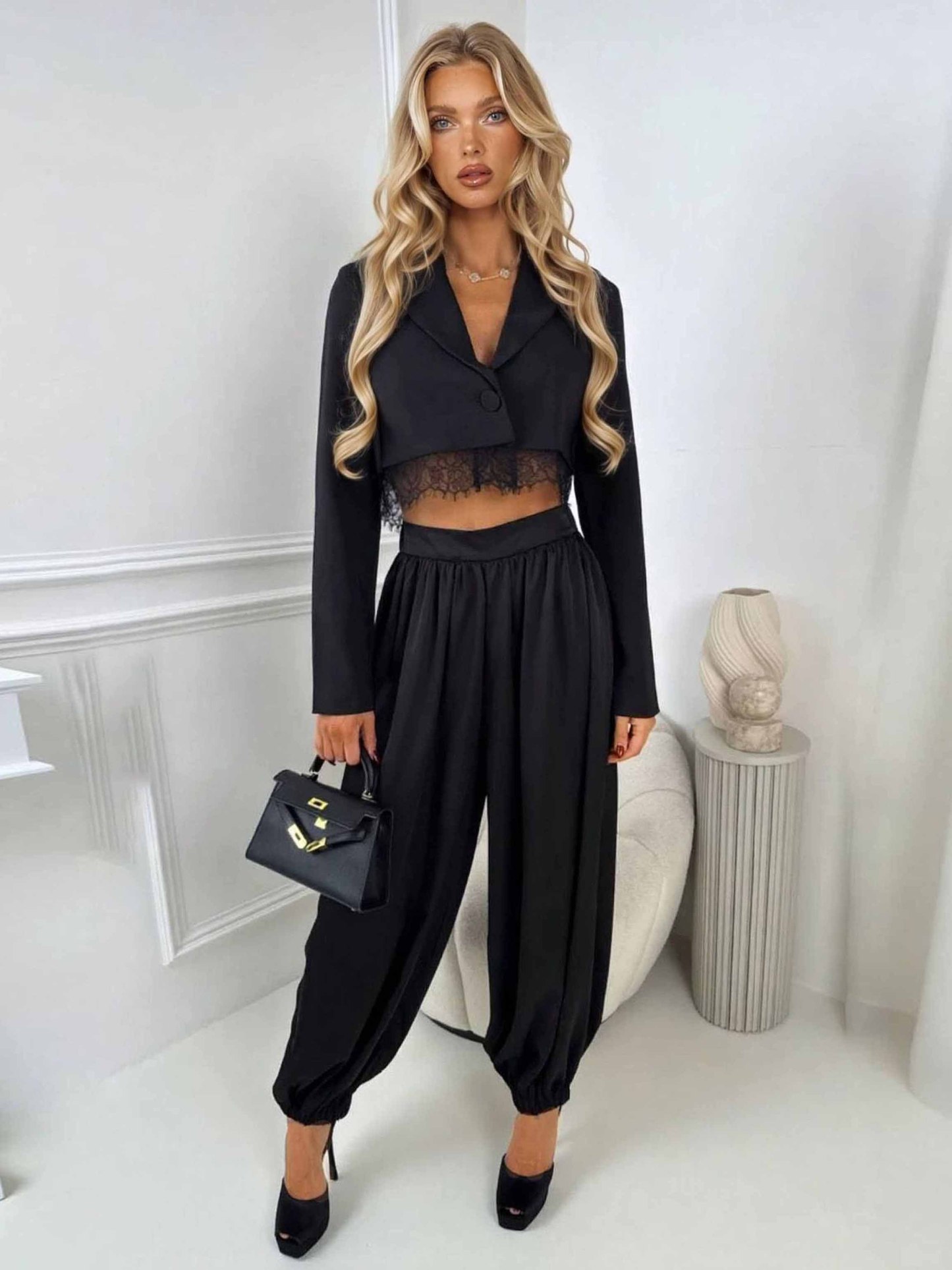 Elegant Cropped Blazer And Draped Harem Pants Two-Piece Set