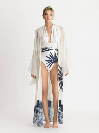 Sexy Kimono Palm Tree Print Beach Cover-Up