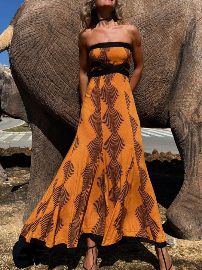 Casual Off-The-Shoulder Printed Tie Maxi Dress