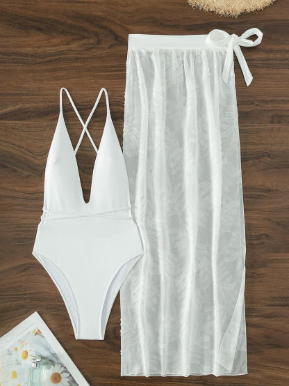 One-Piece White Sexy Backless Long Skirt Two-Piece Swimsuit