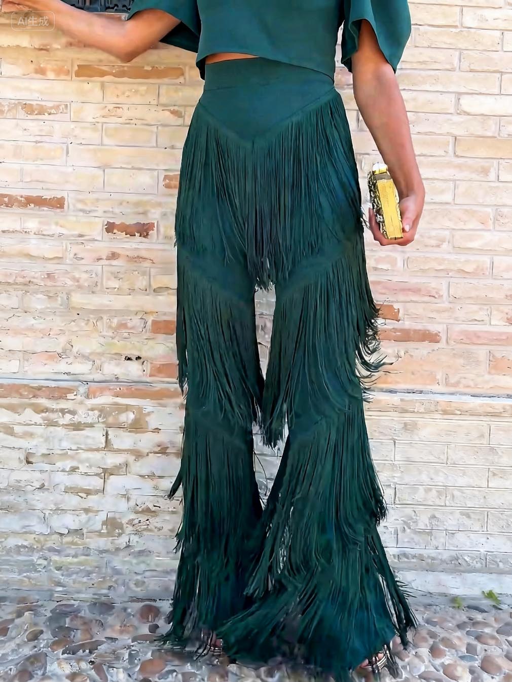 Elegant High-Waist Layered Fringe Wide-Leg Pants