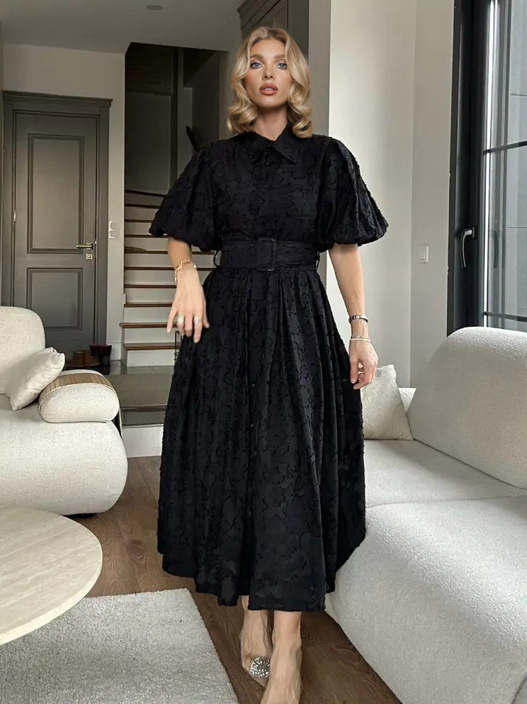 Elegant Textured Belted Shirt Midi Dress