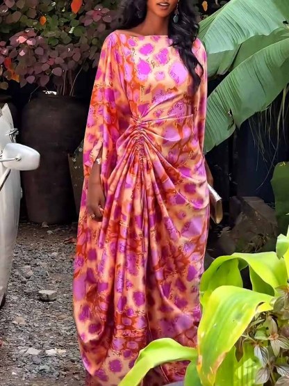 Vibrant Abstract Print Ruched High-Slit Maxi Dress