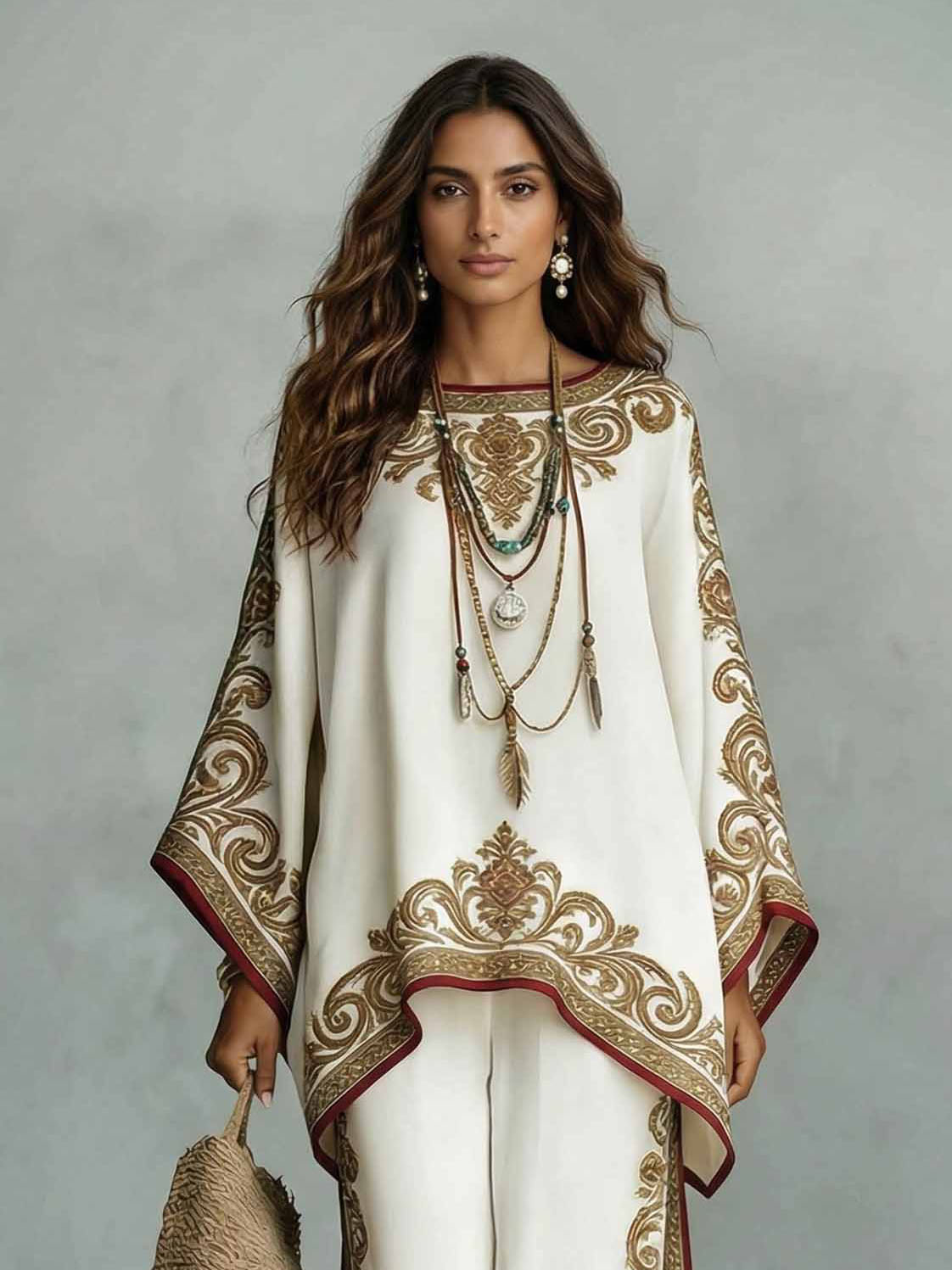 Elegant Satin Printed Oversized Shawl Top & Pants Two-Piece Set