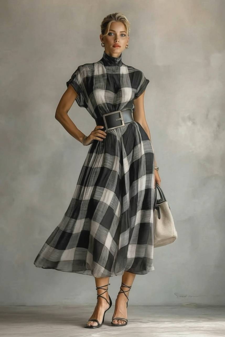 Checked Pattern Stand-Collar Short-Sleeved Dress