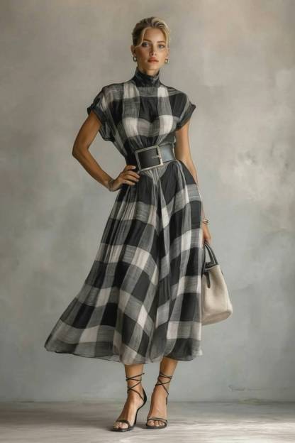 Checked Pattern Stand-Collar Short-Sleeved Dress