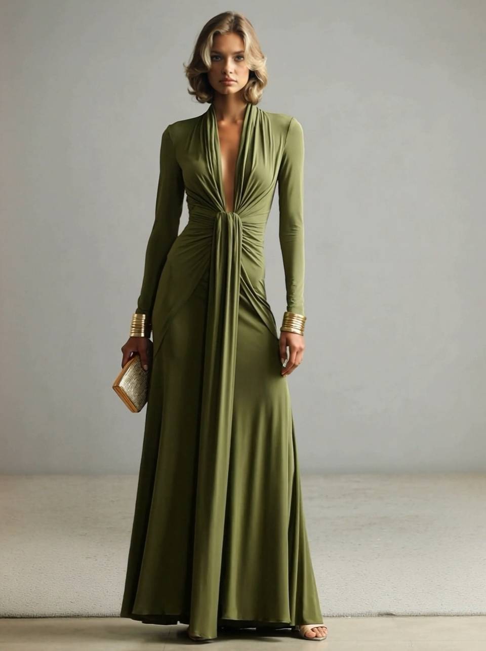 V-Neck Pleated Long Sleeve Dress 