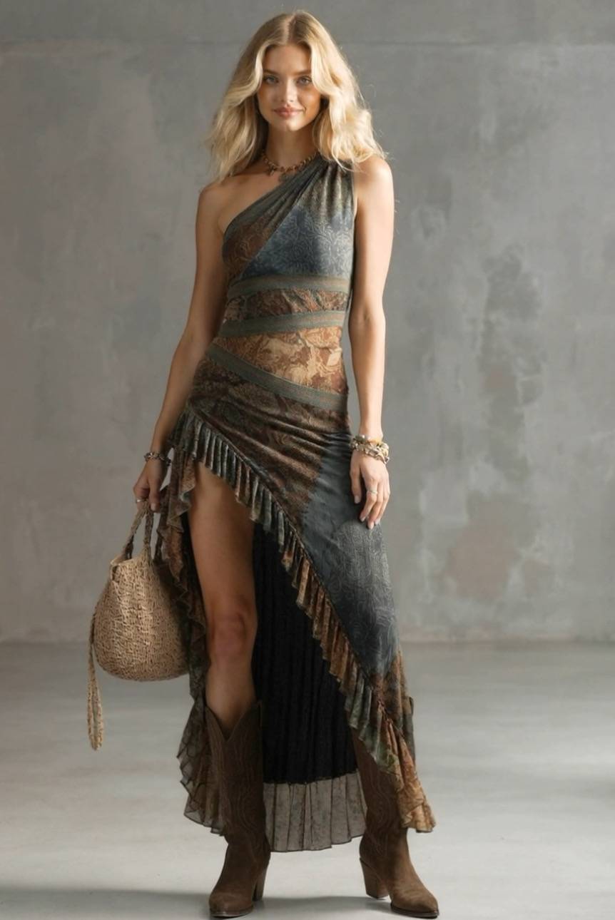 Off-Shoulder Printed Slit Dress