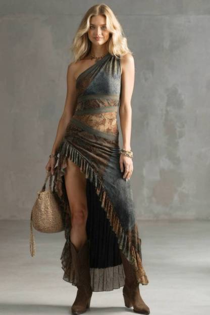 Off-Shoulder Printed Slit Dress