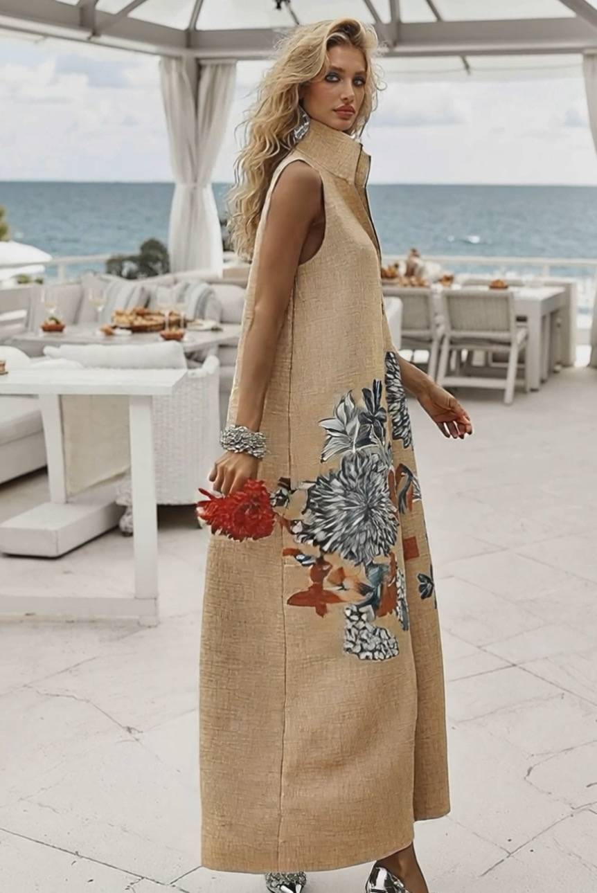 Stand Collar Printed Jumpsuit