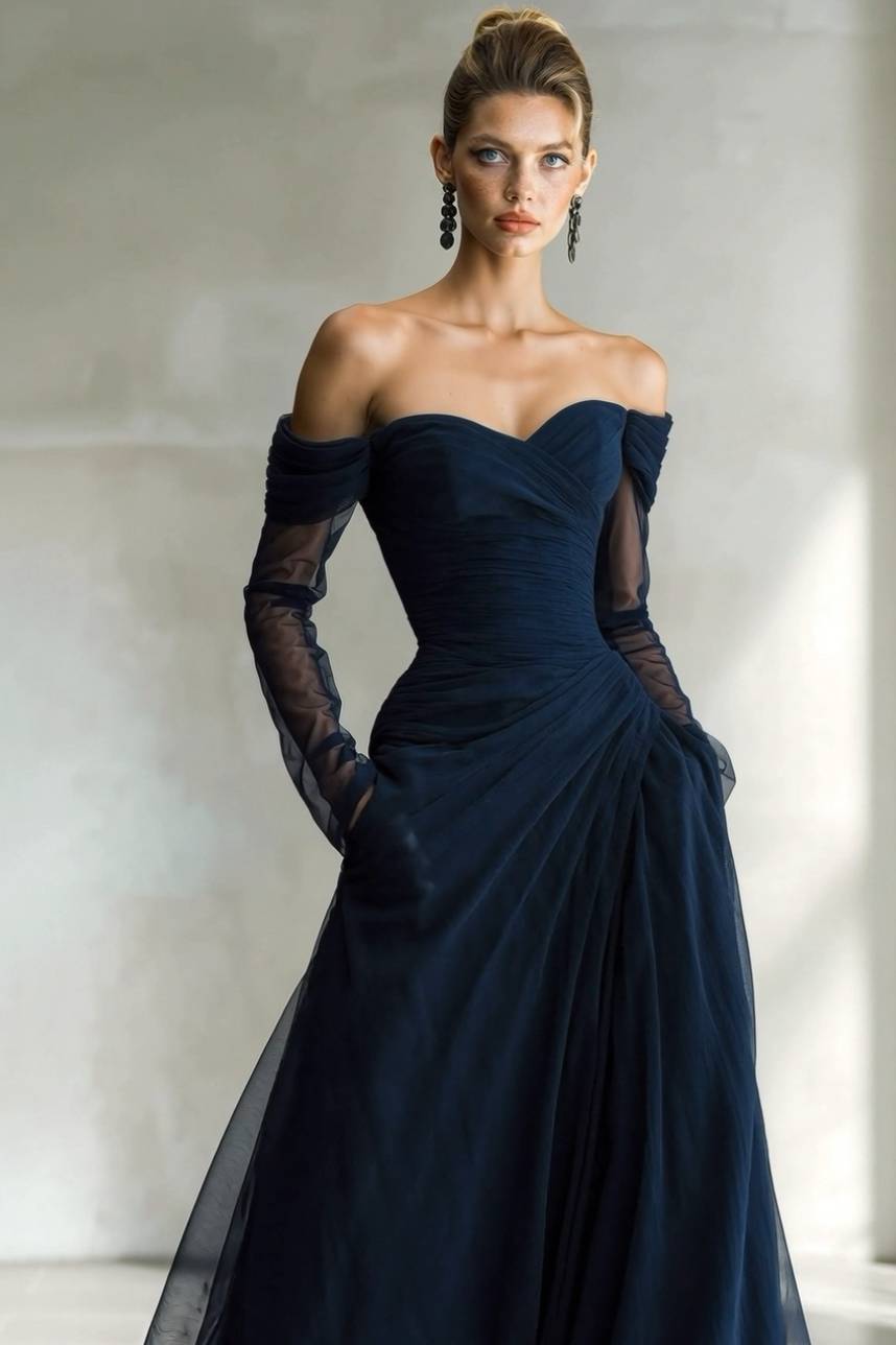 Off-Shoulder Mesh Splicing Maxi Dress