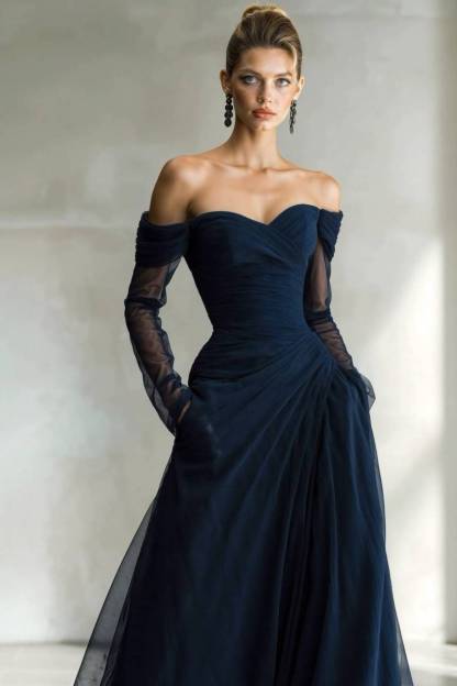 Off-Shoulder Mesh Splicing Maxi Dress