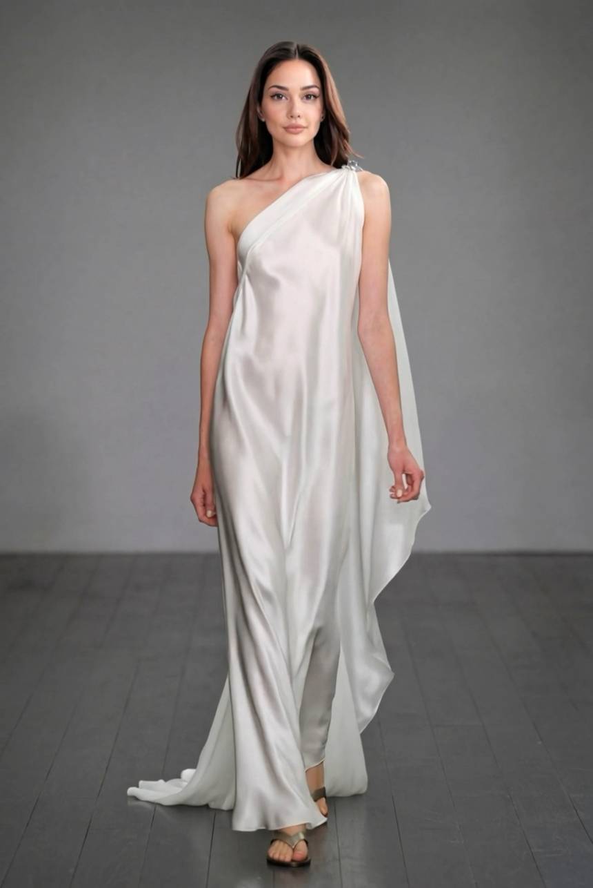 Slant Shoulder A- Line Maxi Dress