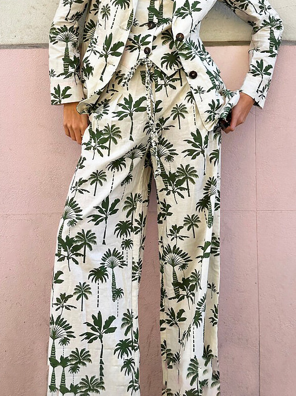 Exquisite Palm Tree Print Pocket Wide-leg Pants