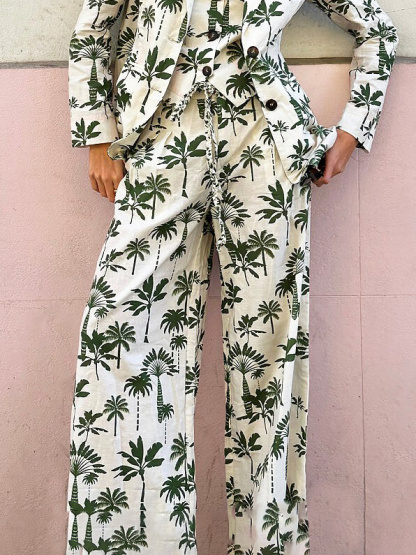 Exquisite Palm Tree Print Pocket Wide-leg Pants