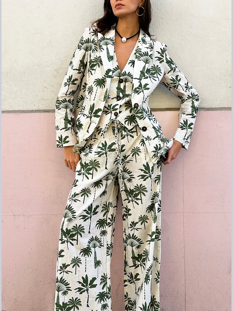Exquisite Palm Tree Print Pocket Wide-leg Pants