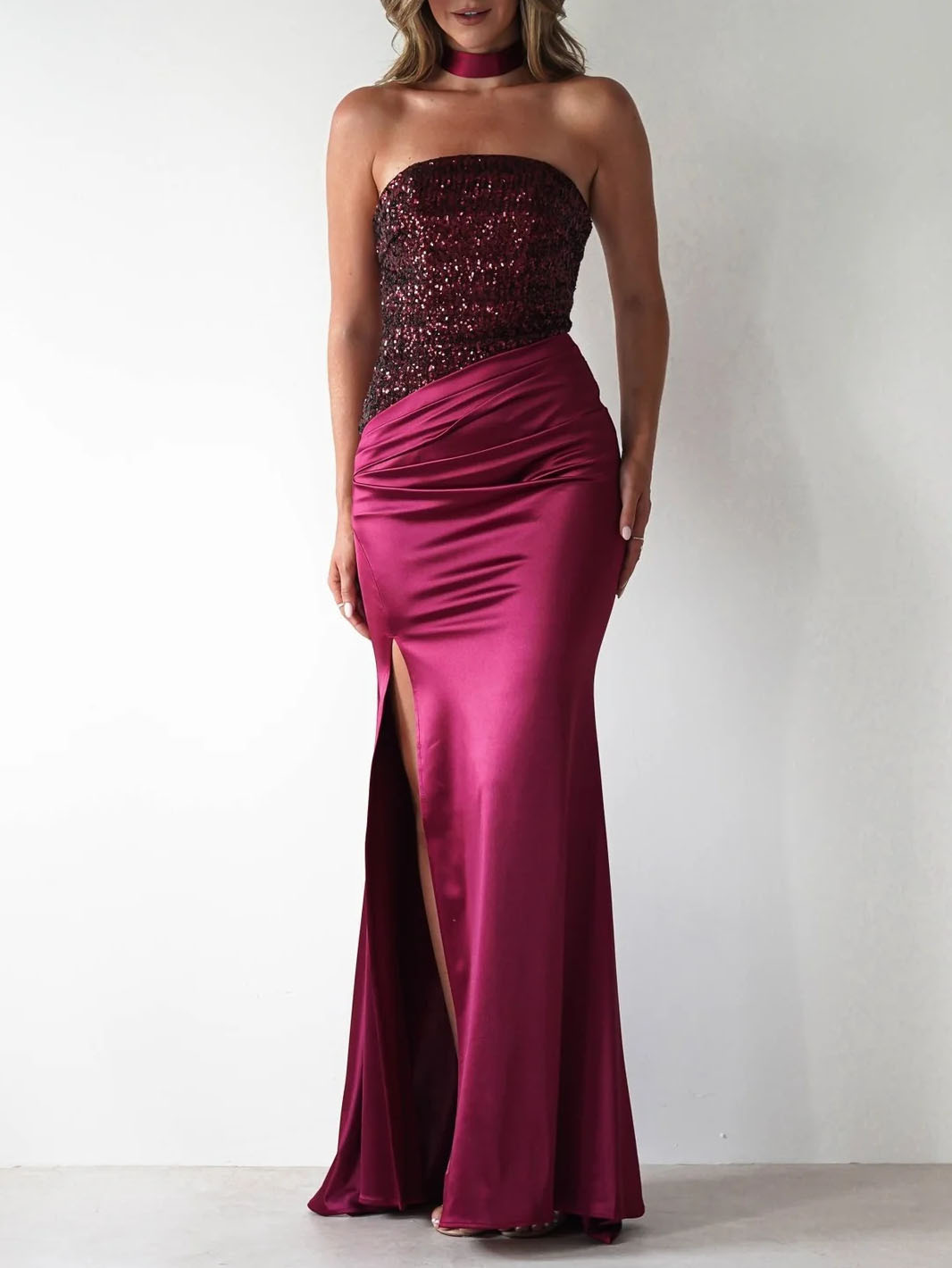 Elegant Sequined Satin Side Slit Dress