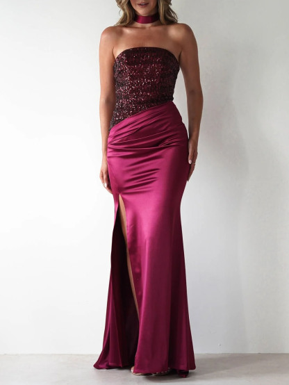 Elegant Sequined Satin Side Slit Dress
