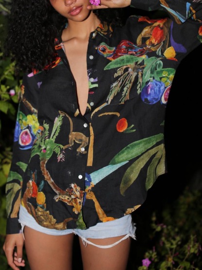 Unique Art Painted Floral Print Long Sleeve Loose Shirt