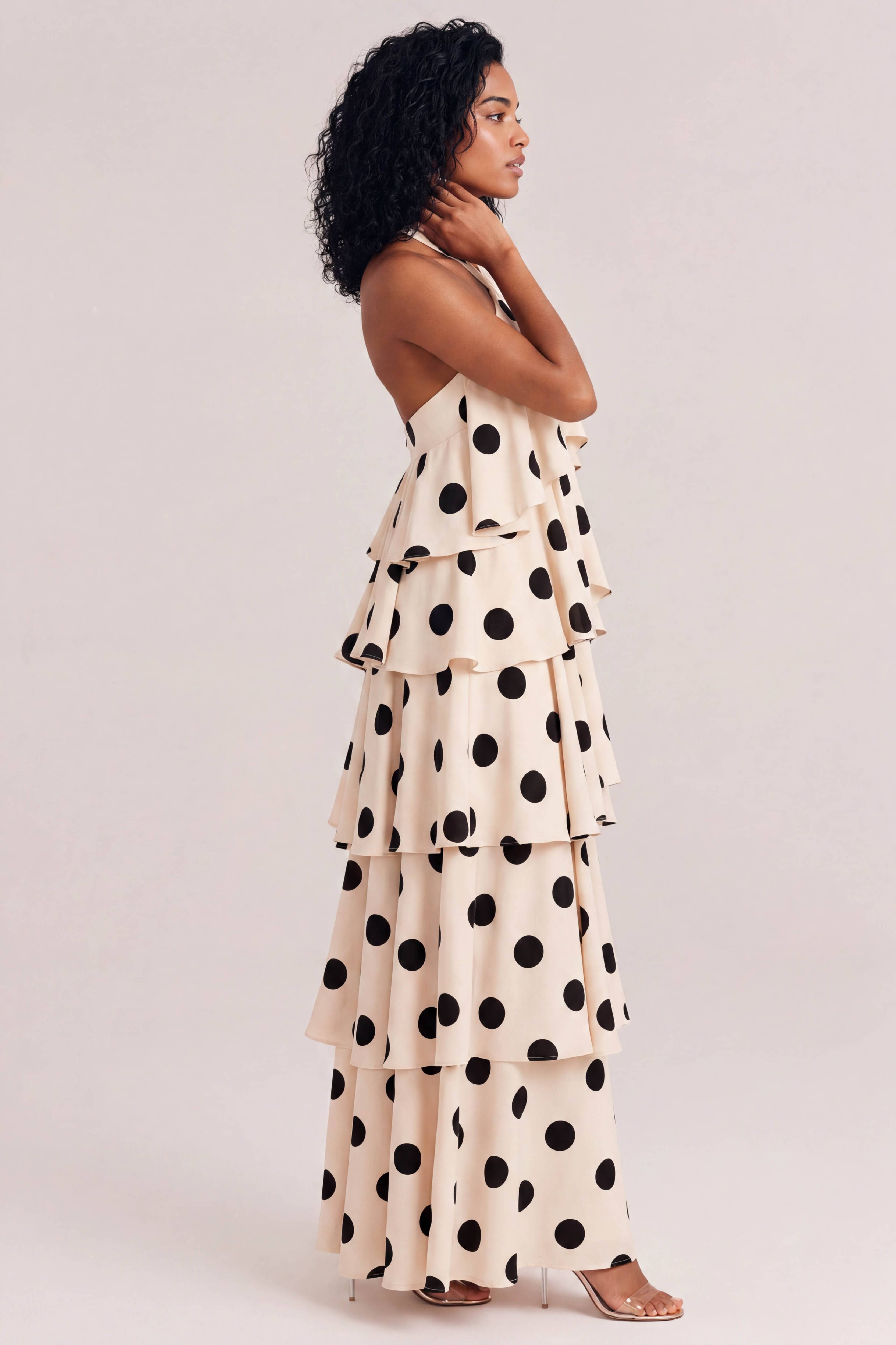 Elegant Halter Neck Polka Dot Tiered Maxi Dress