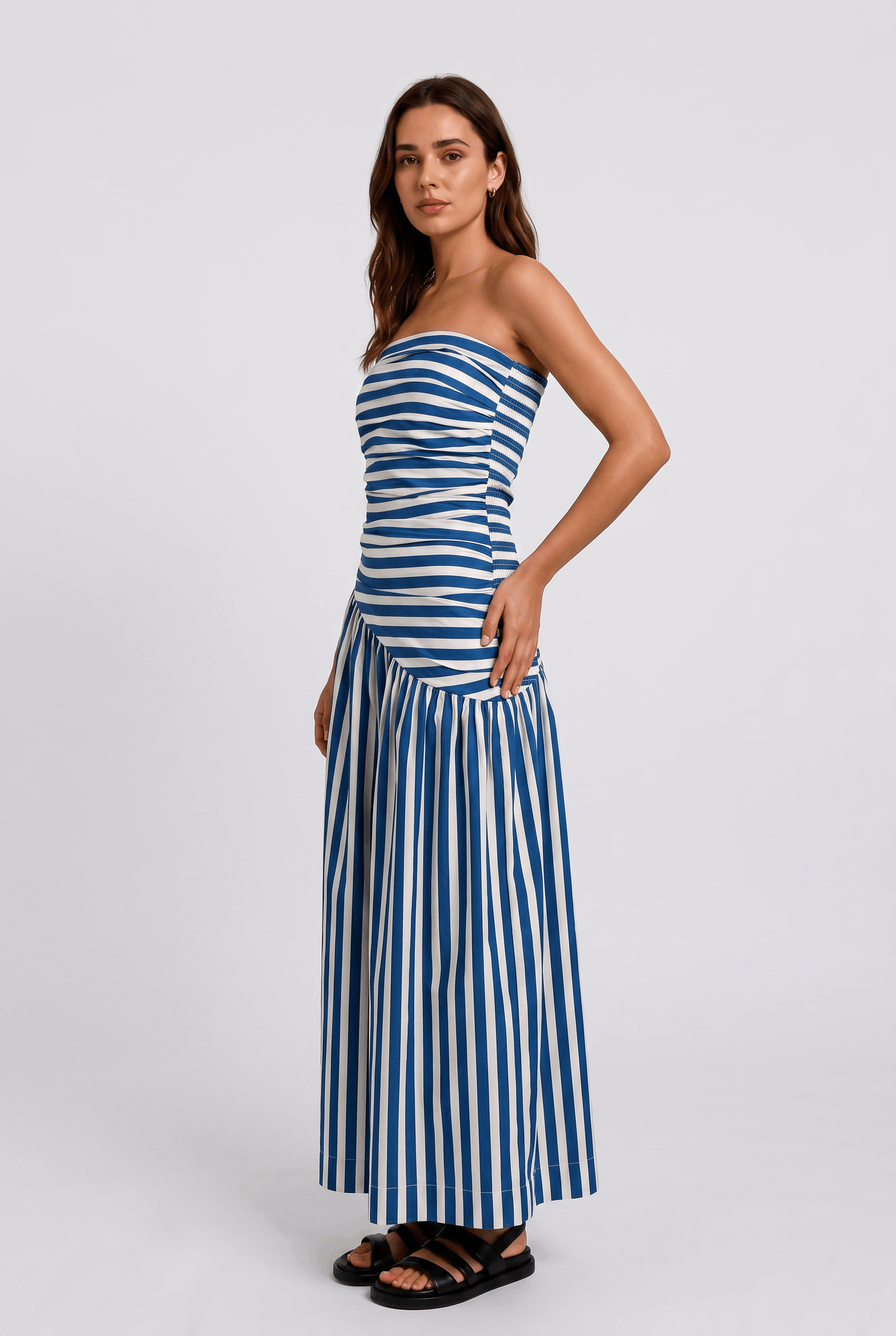 Blue And White Striped Strapless Pleated Asymmetrical Stitching Long Dress