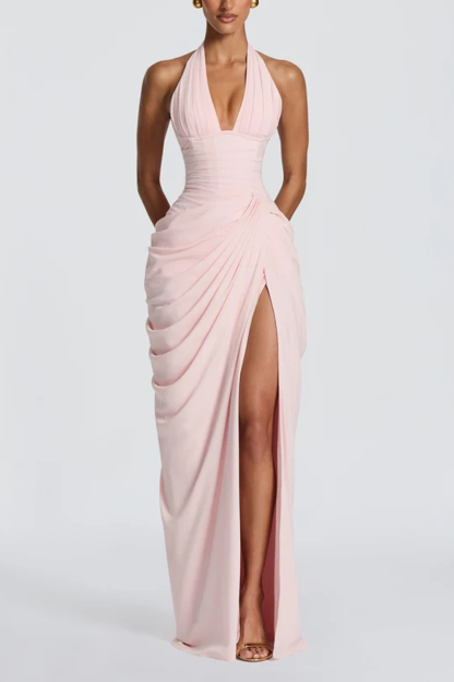 Long Dress With Deep Neck V-pleated Split