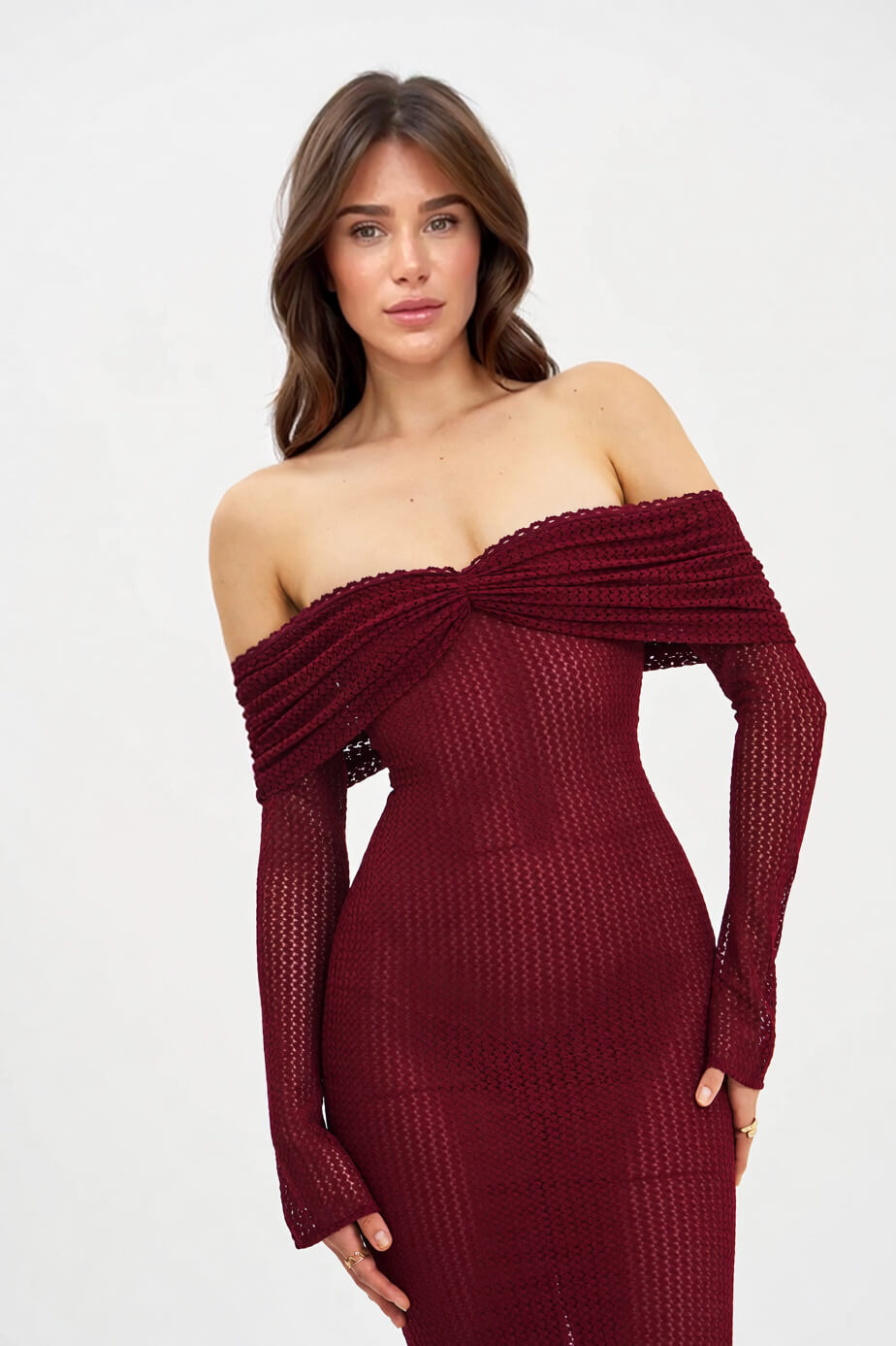 Exquisite Burgundy Off Shoulder Long Sleeve Crochet Mermaid Maxi Dress