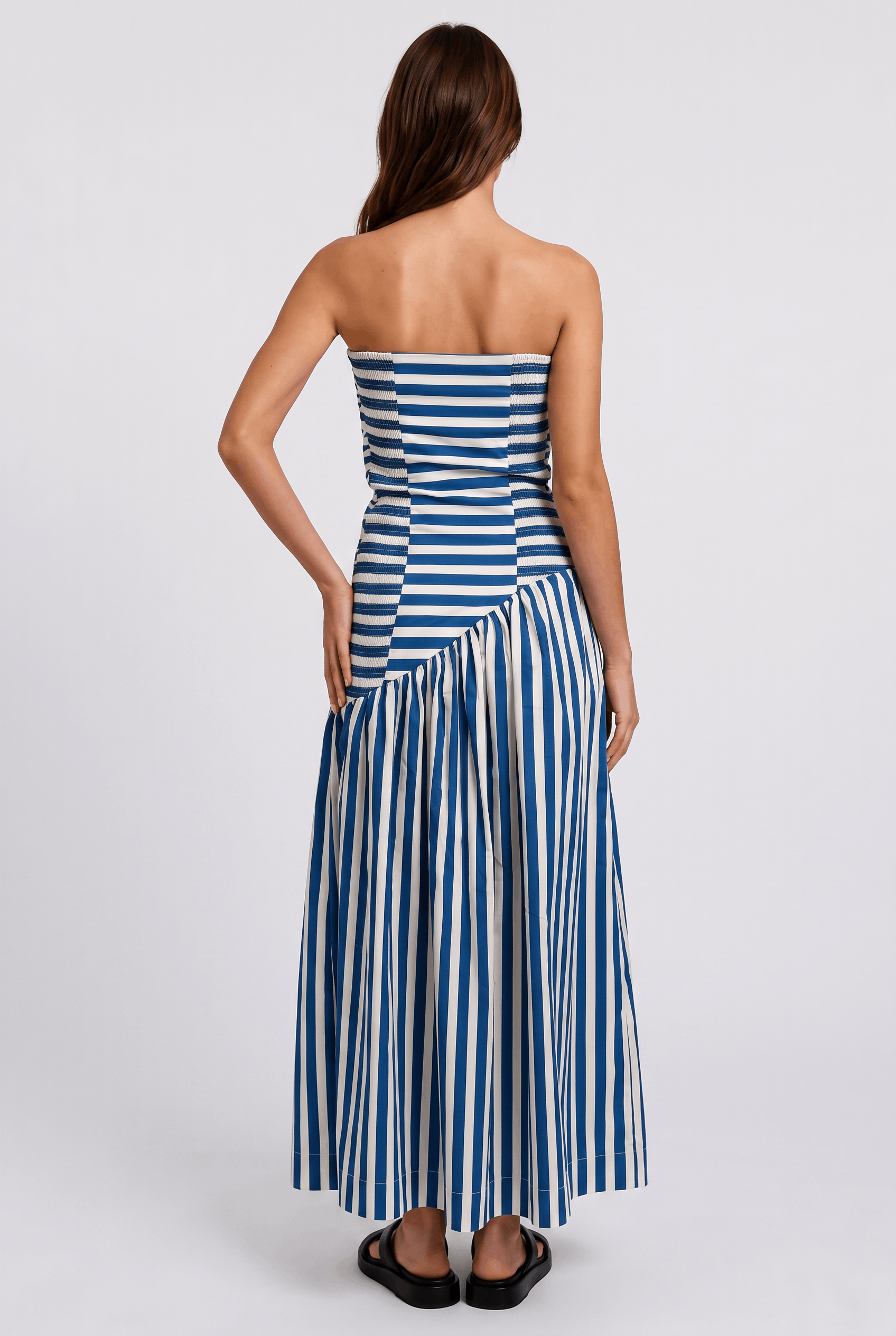 Blue And White Striped Strapless Pleated Asymmetrical Stitching Long Dress