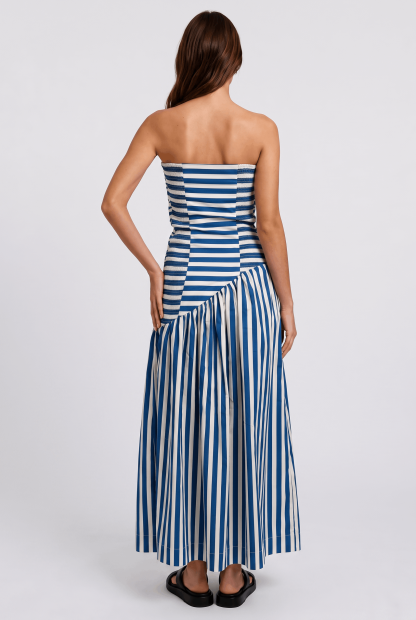 Blue And White Striped Strapless Pleated Asymmetrical Stitching Long Dress