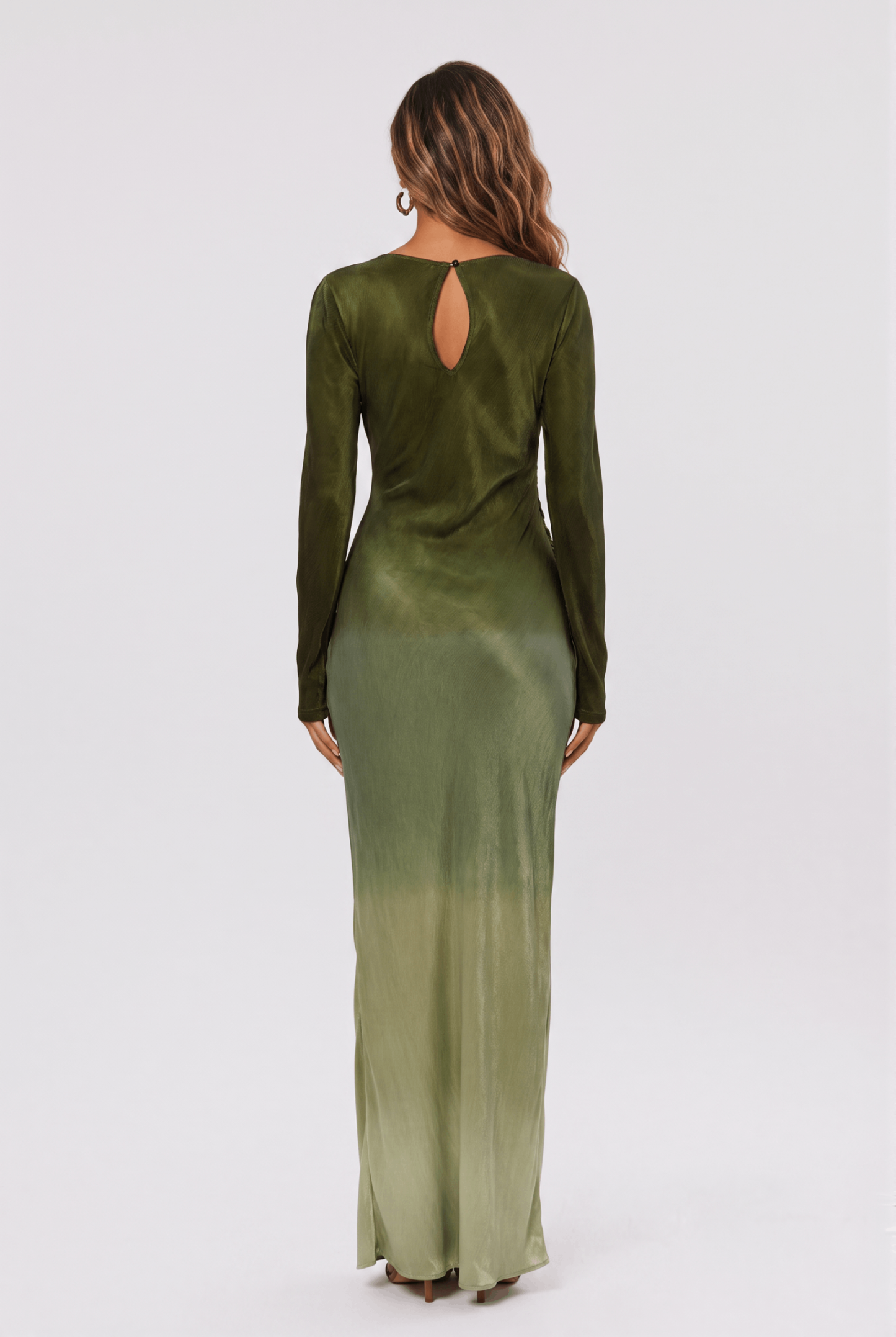 Gradient Olive Green Satin Boat Neck Long Sleeve Side Pleat Slit Slim-Fit Long Dress