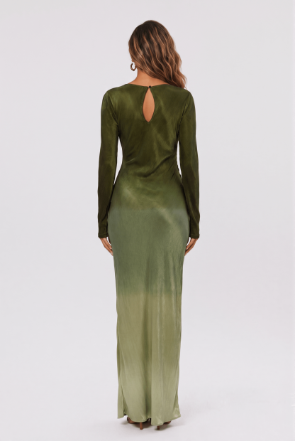 Gradient Olive Green Satin Boat Neck Long Sleeve Side Pleat Slit Slim-Fit Long Dress
