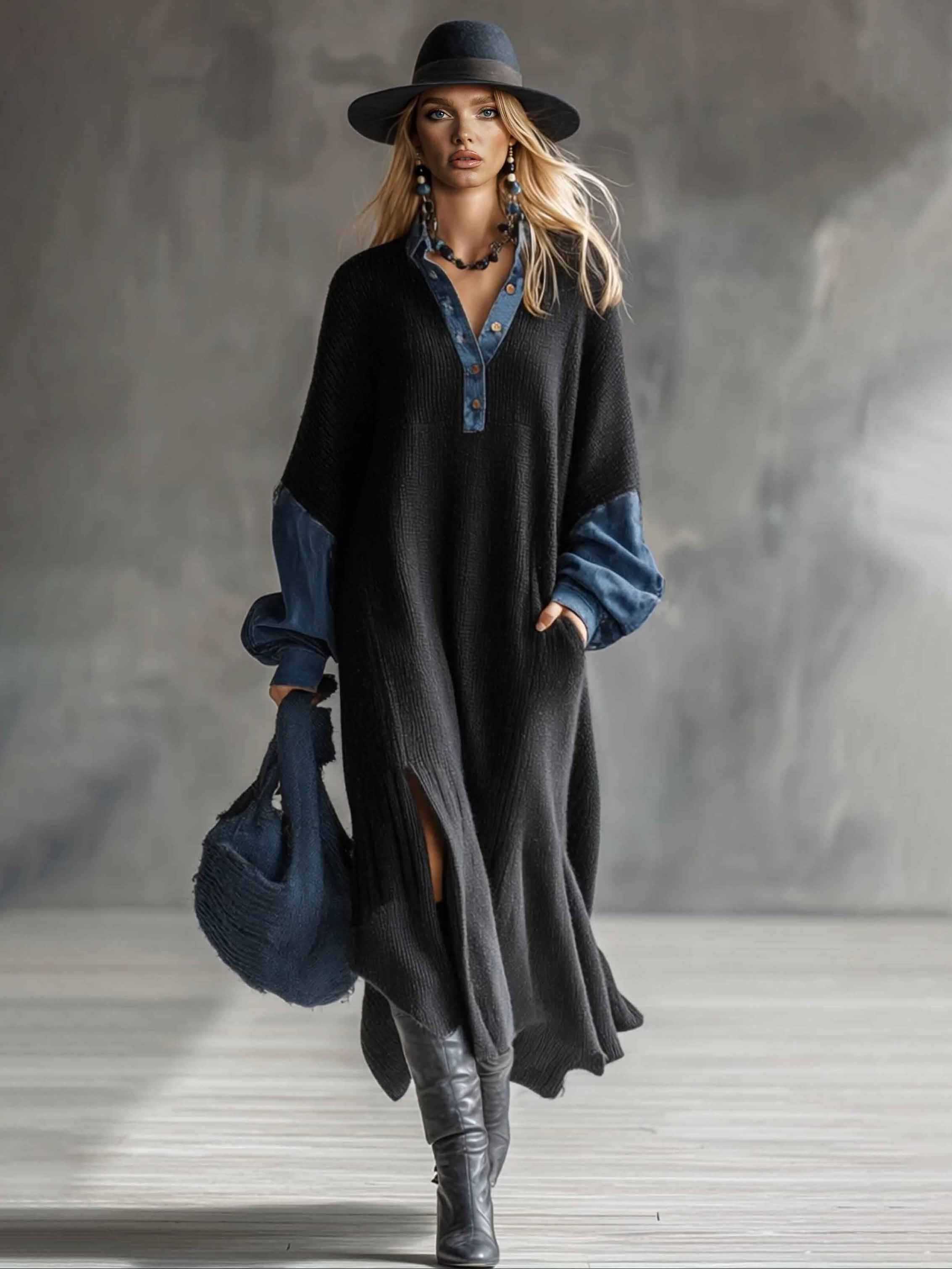 Casual Knit Denim Slit Maxi Dress