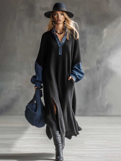 Casual Knit Denim Slit Maxi Dress