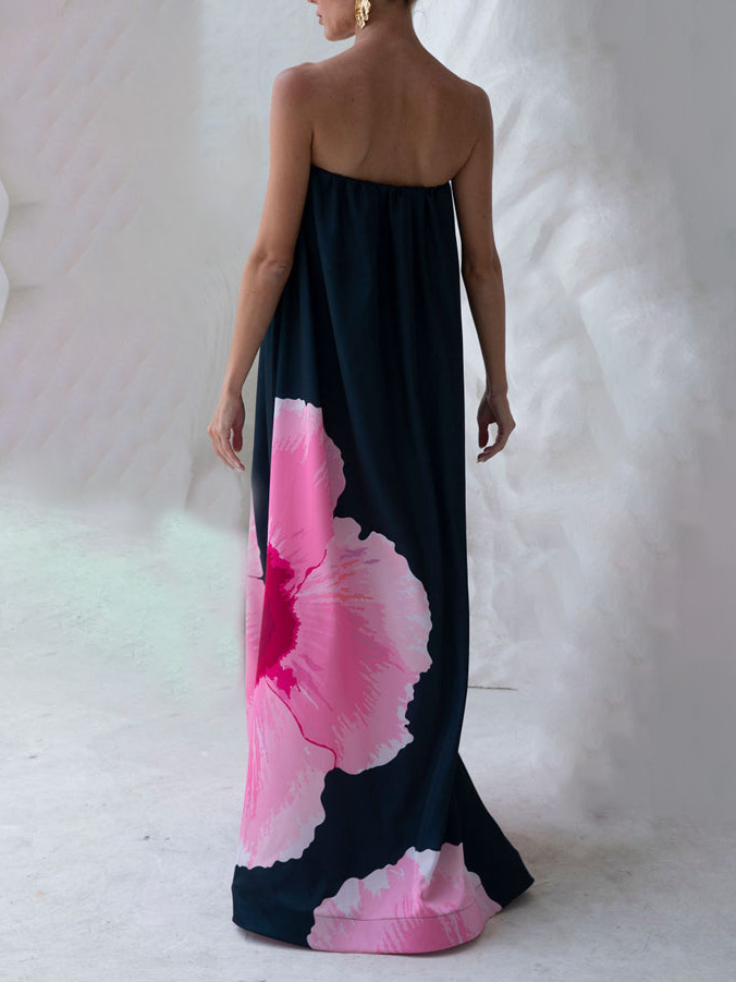 Strapless Hibiscus Print Puffy Maxi Dress