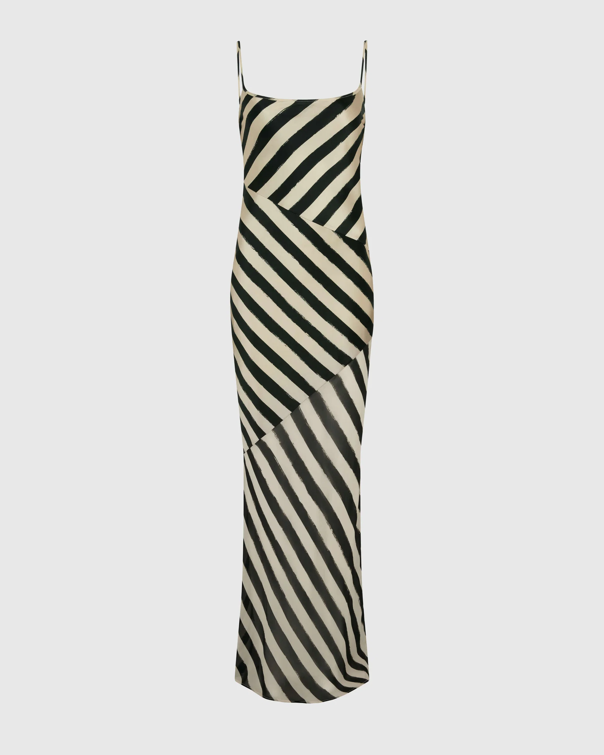 Beige & Black Diagonal Stripe Maxi Dress – Bias-Cut Satin Slip Gown