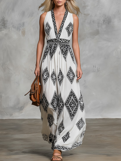 Bohemian Geometric Print Halter Maxi Dress