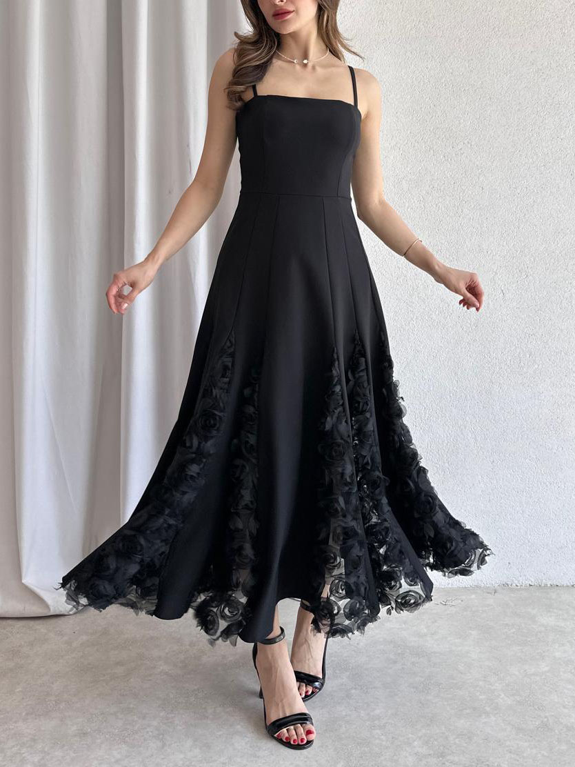 Elegant Rose Floral Applique Spaghetti Strap Midi Dress
