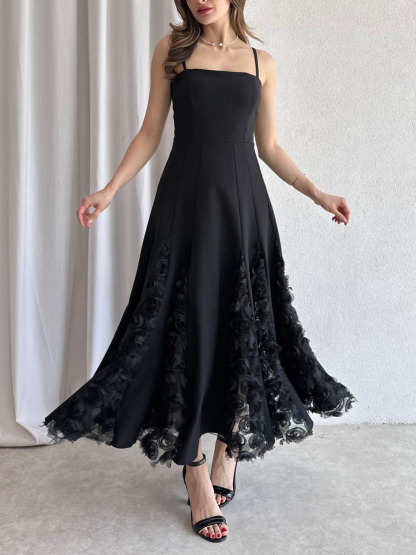 Elegant Rose Floral Applique Spaghetti Strap Midi Dress