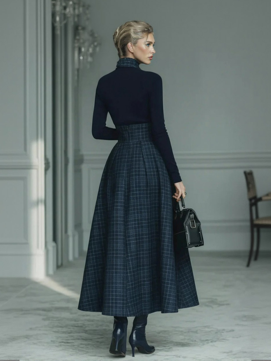 Exquisite High-neck Stretch Top And Plaid Skirt Two-piece Set