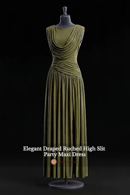 Elegant Draped Ruched High Slit Party Maxi Dress
