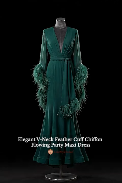 Elegant V-Neck Feather Cuff Chiffon Flowing Party Maxi Dress
